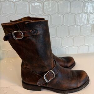 Frye Veronica Short Black/ brown leather boots. Motorcycle style, buckles